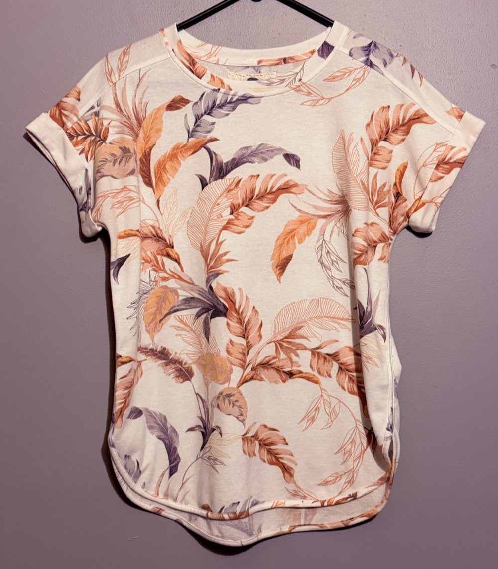 Cupio Womens Medium Tropical Floral Top Ivory Rust Purple Curved Hem Stretch